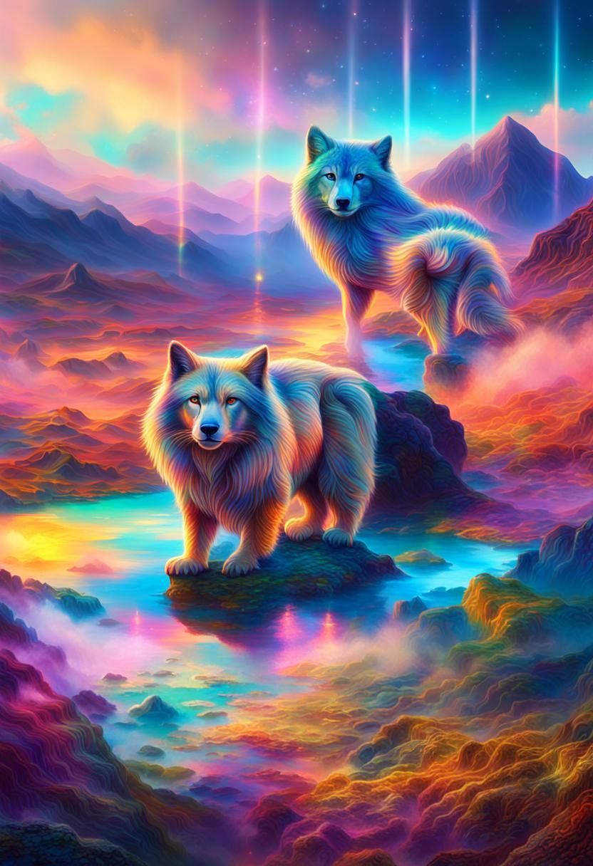 Holographic Cosmic Lake Illustration in Vibrant Colors