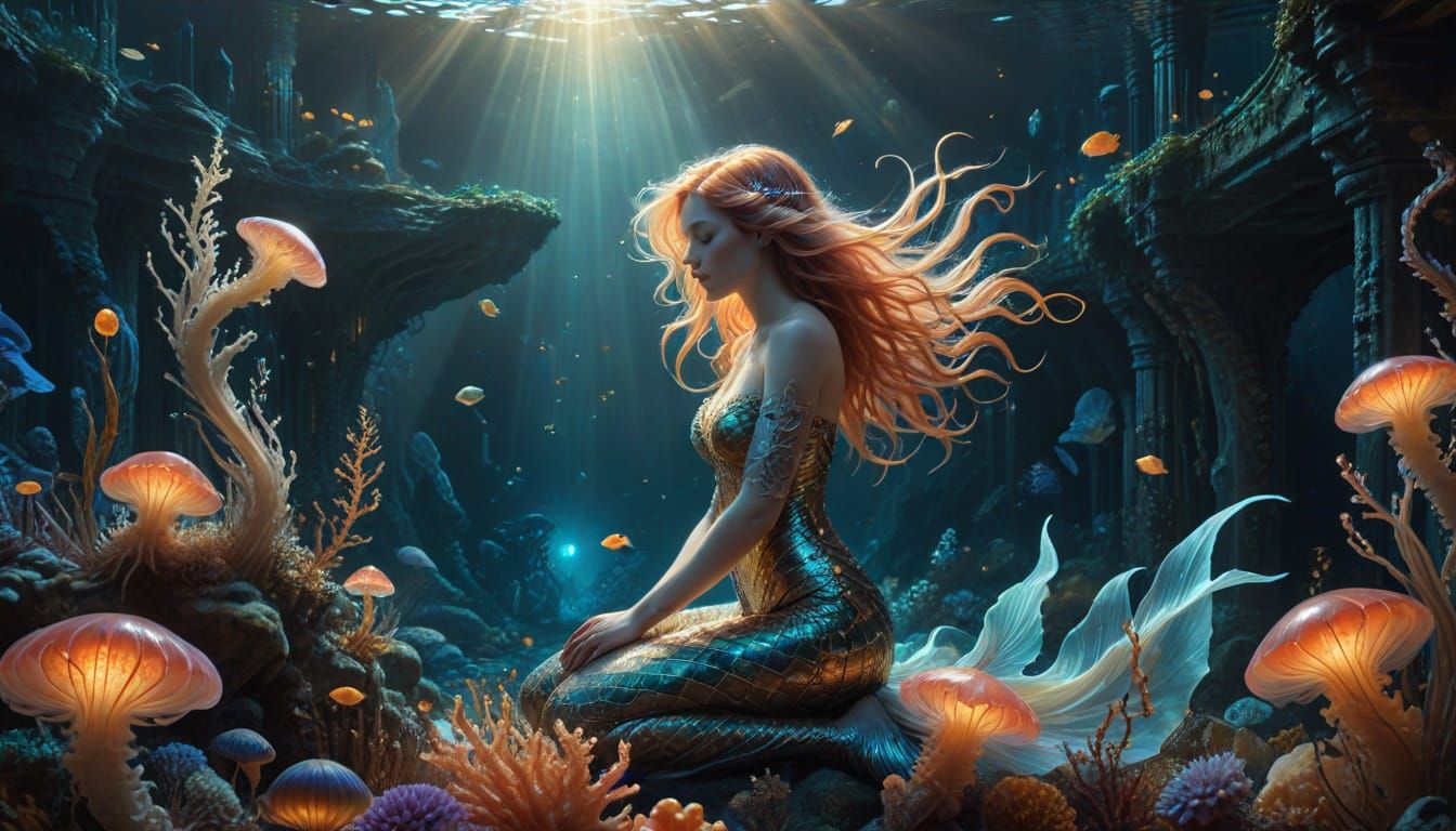 Surreal Mermaid Goddess in Underwater Oil Painting