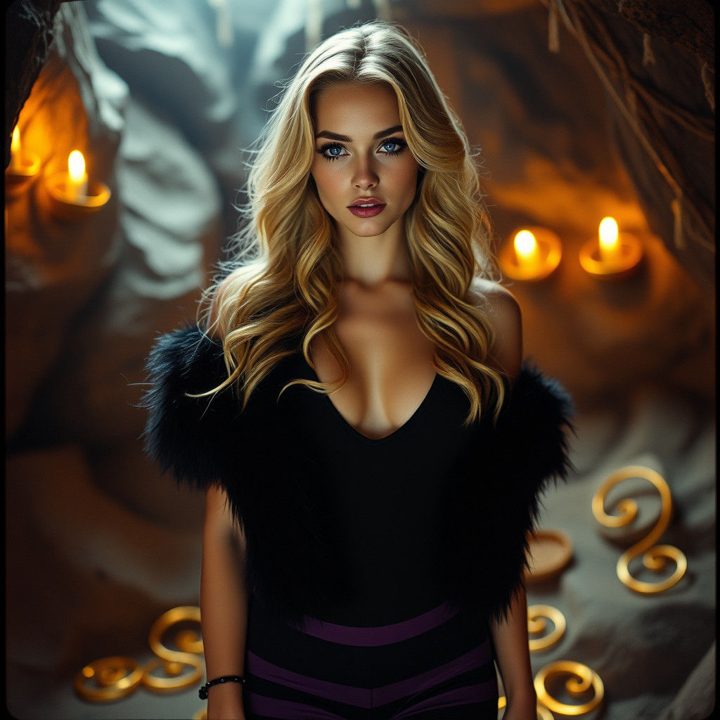 Mystical Cave Portrait: Golden Hair, Purple Eyes