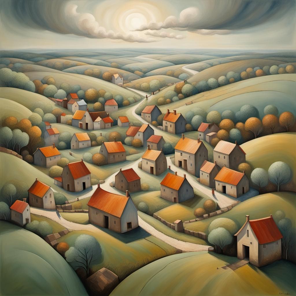Abstract Aerial Village Landscape in Atmospheric Style