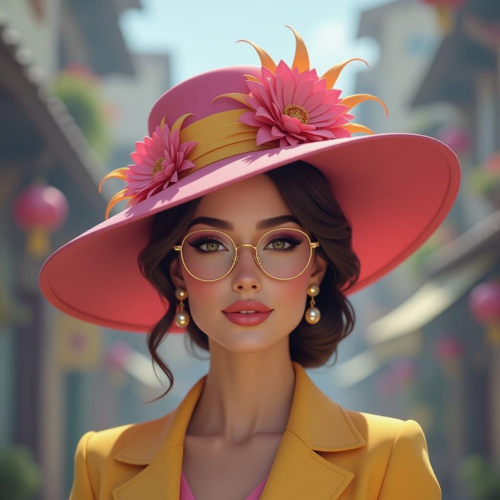 Woman in Elaborate Hat with Pink & Yellow Accents
