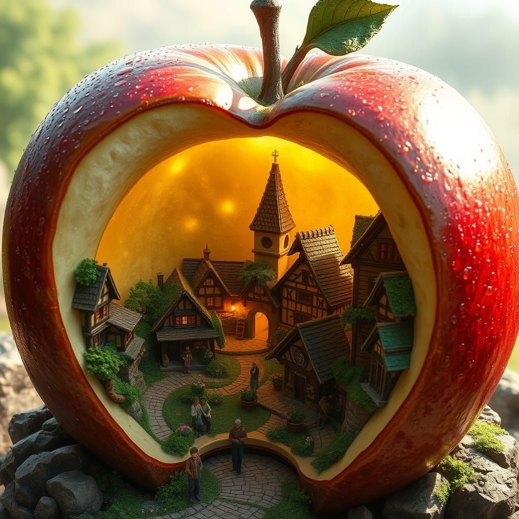 Fantasy Village Inside an Apple, Cinematic Style