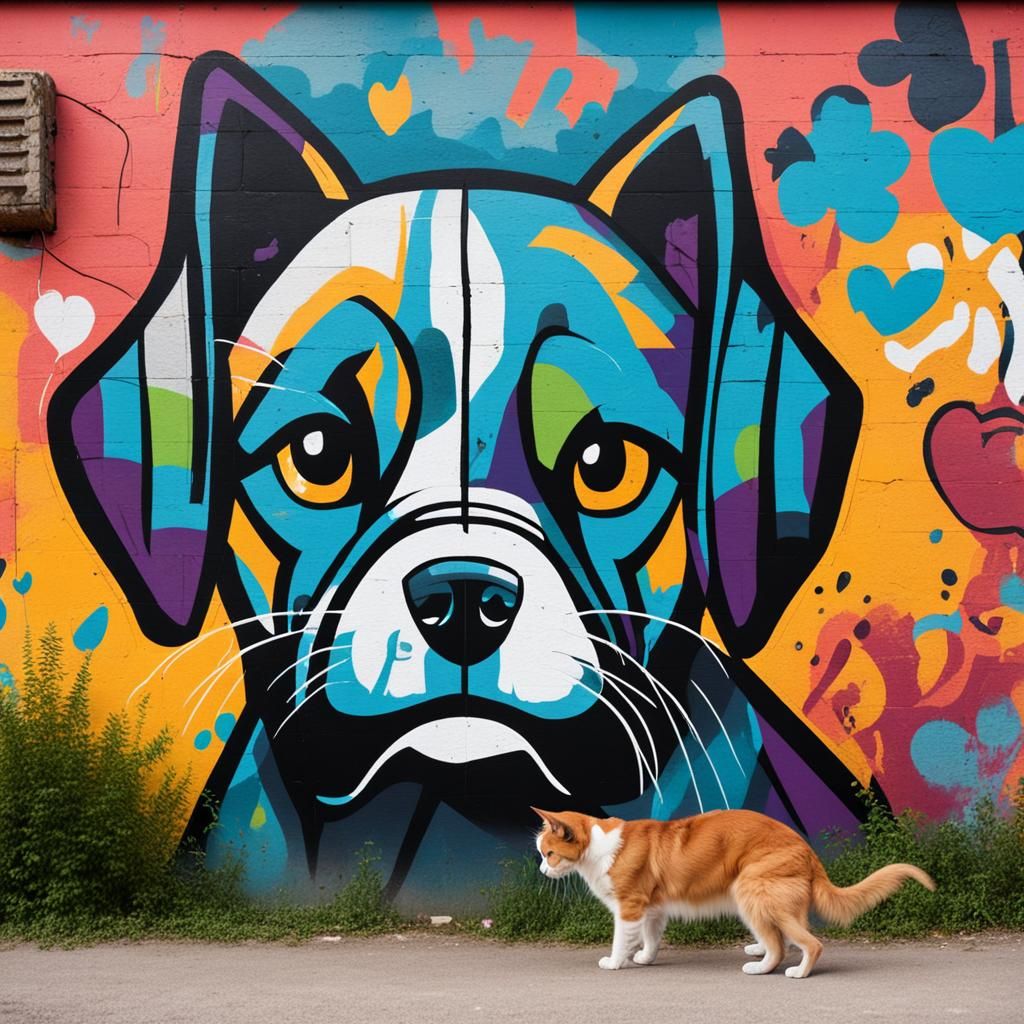Colorful Graffiti Mural of Boxing Dog and Cat