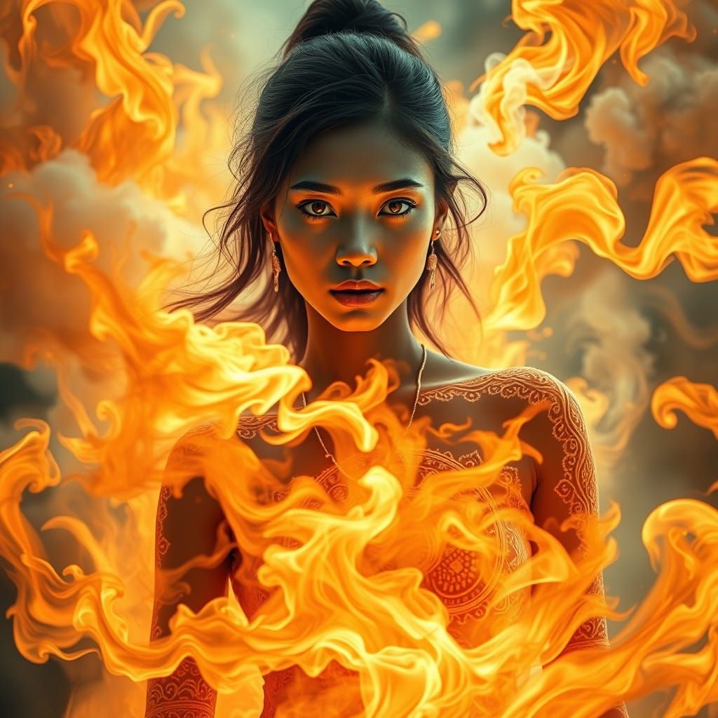 Sensual Indonesian Goddess in Blazing White-Orange Flames