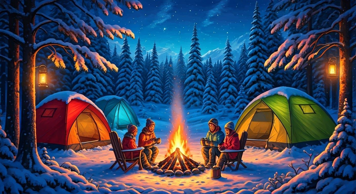 Cozy Winter Campfire Scene in Whimsical Realism