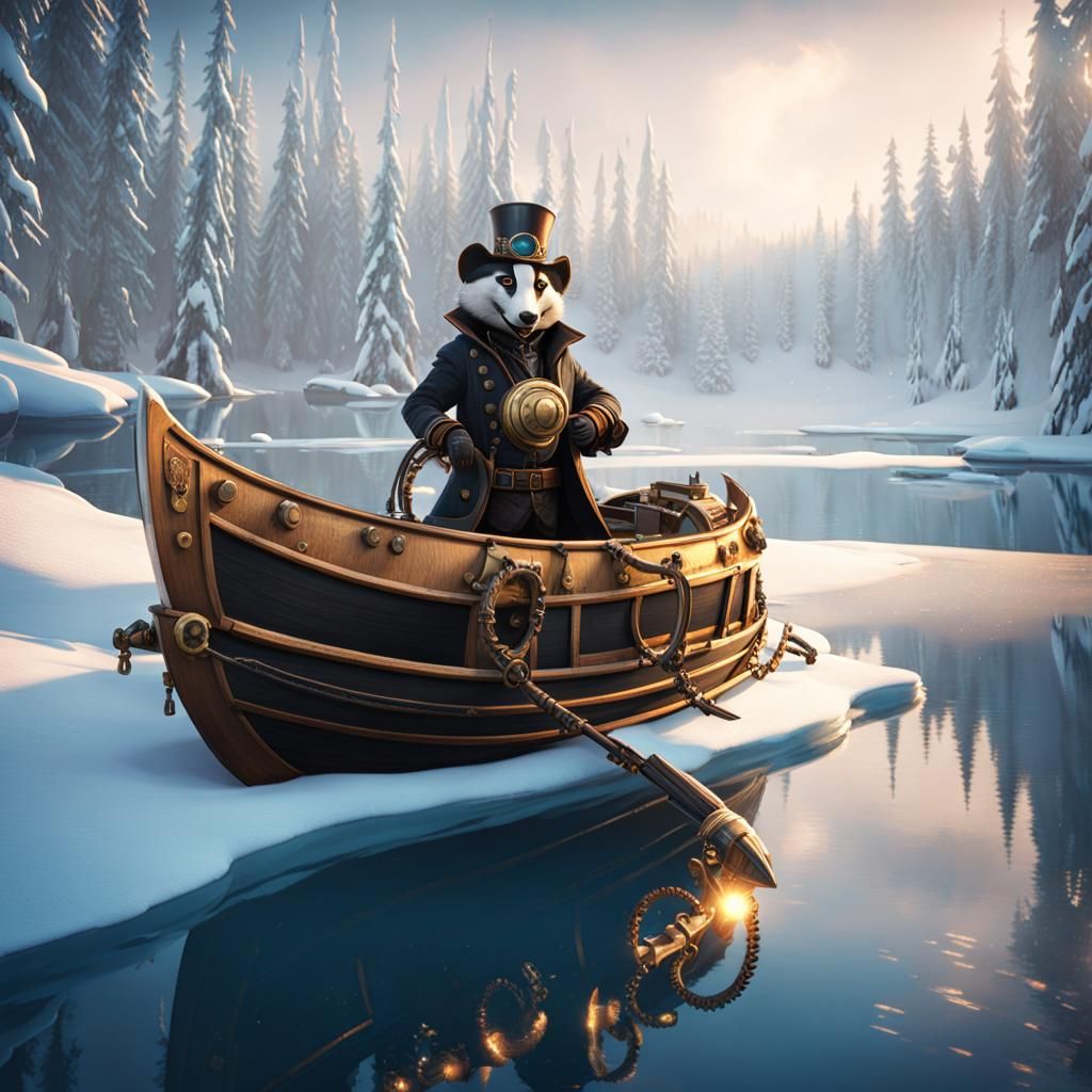 Steampunk Badger Burglar on Snowy Boat: Fantasy Illustration