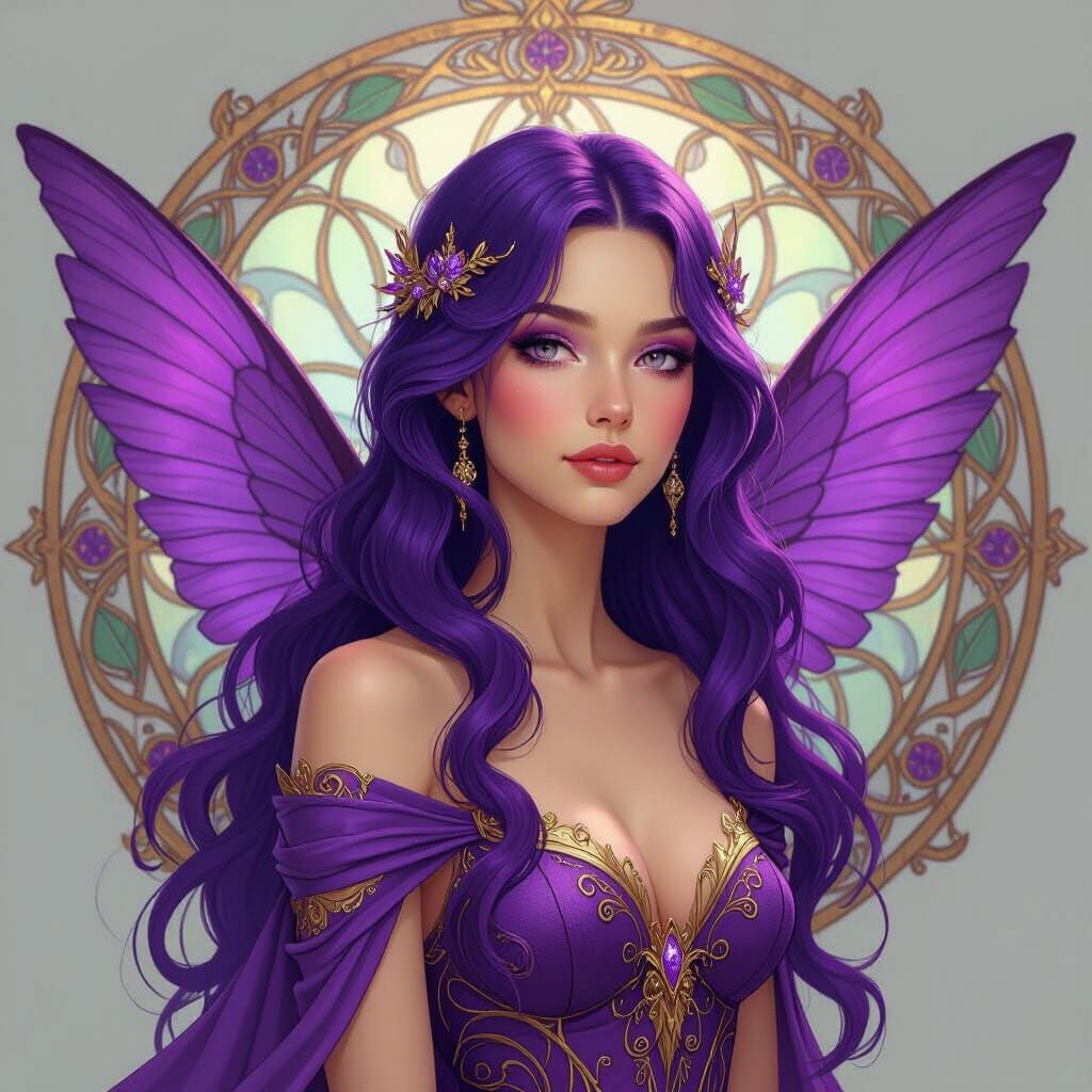 Ethereal Woman with Purple Wings in Art Nouveau Style