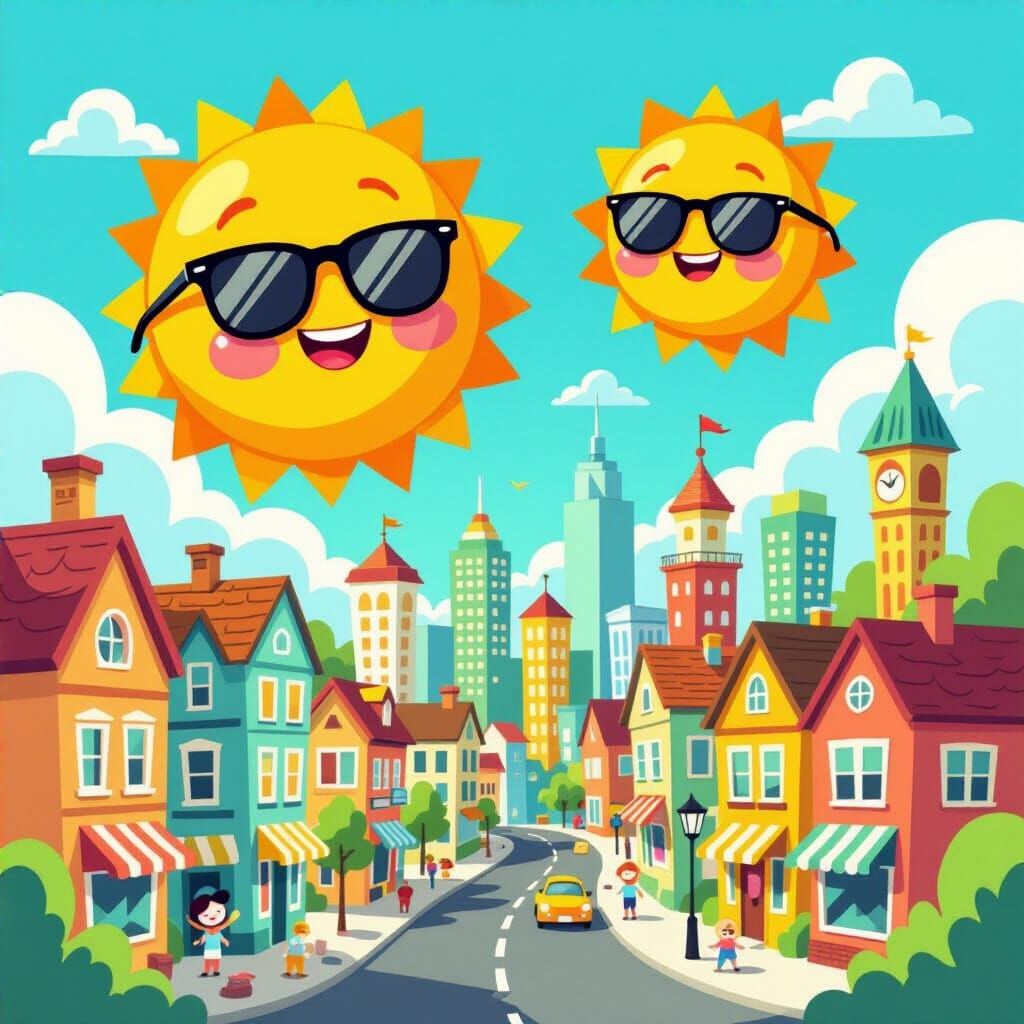 Cartoon Sun Over Cheerful Cityscape in 2D Style