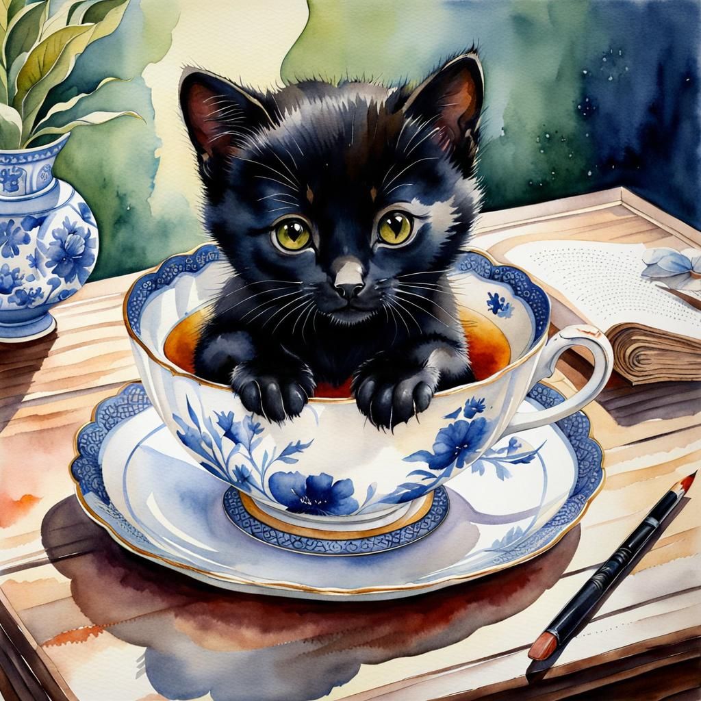 Kitten in Teacup Watercolor Style Image