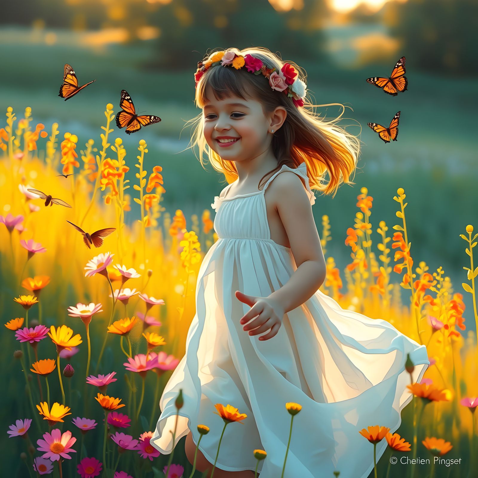 Child Chasing Butterflies in Impressionist Meadow