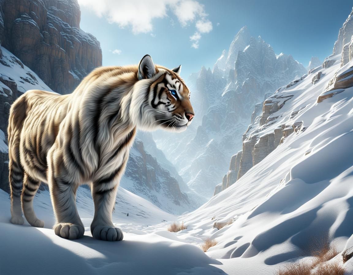 Snow Tiger Hunt in Winter Canyon: Hyperrealistic Art