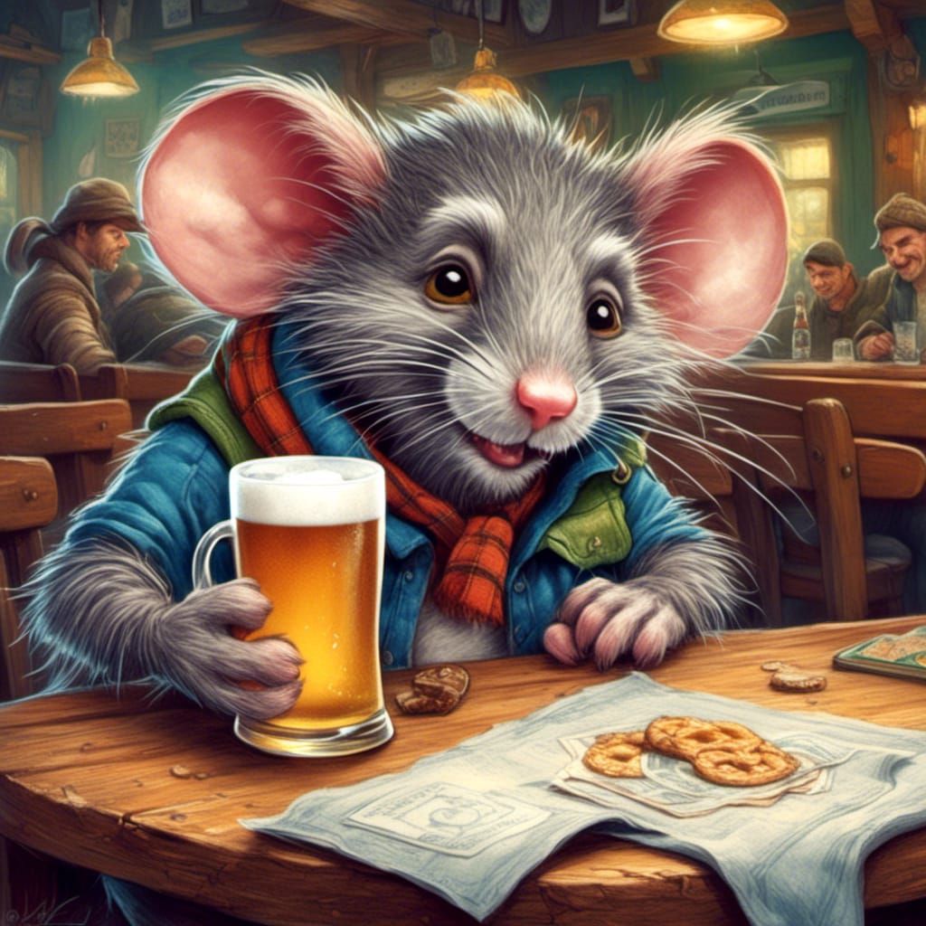Ratfink Mouse Sipping Beer: Playful Pencil Illustration