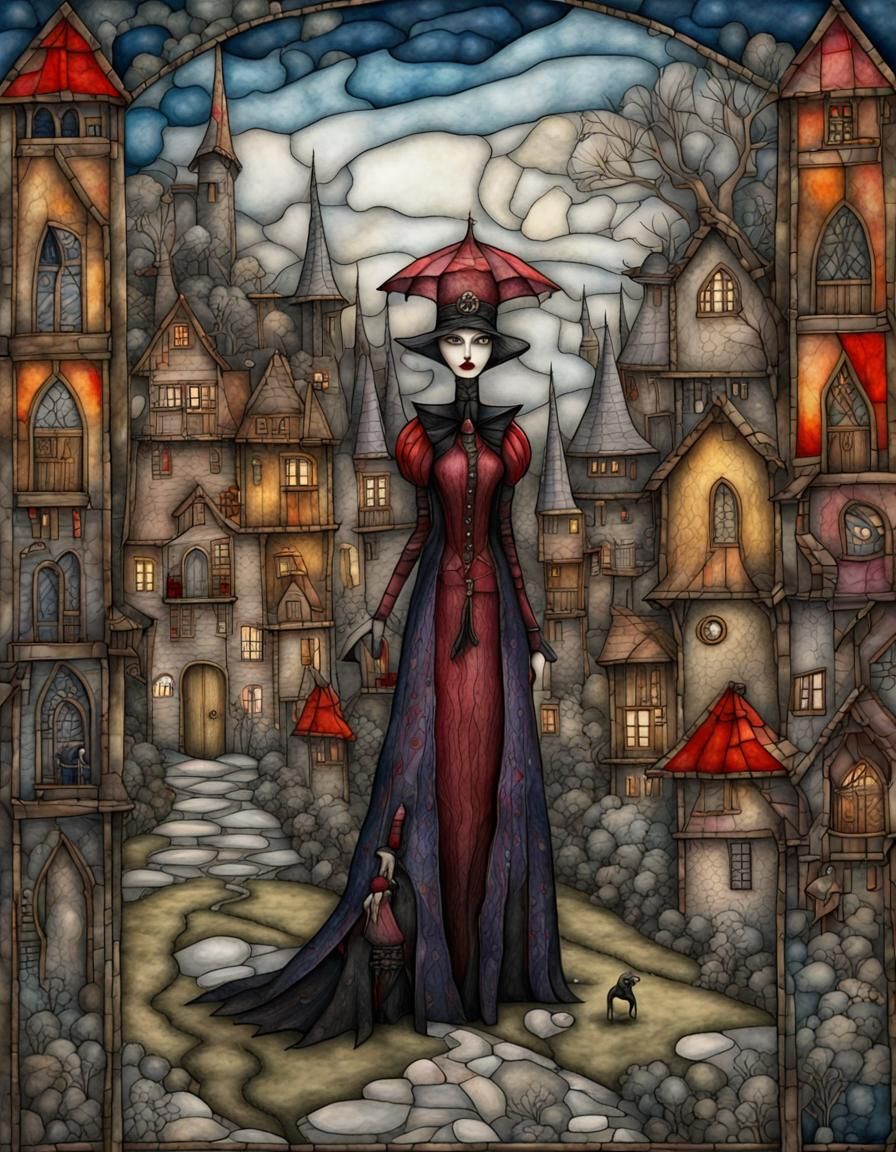 Vampire Lady in Stained Glass Art Brut Style