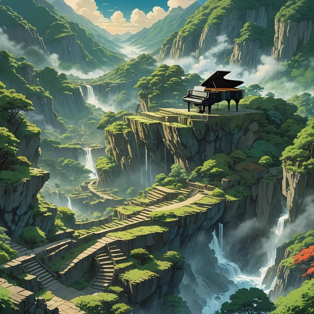 Piano Keys Flowing Down a Mountain in Ghibli Style