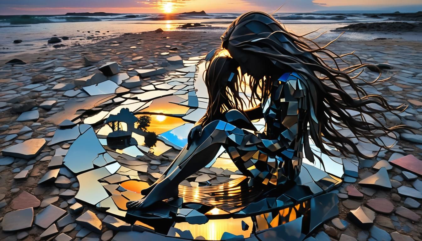 Surreal Fragmented Sculpture of Woman by Sunset