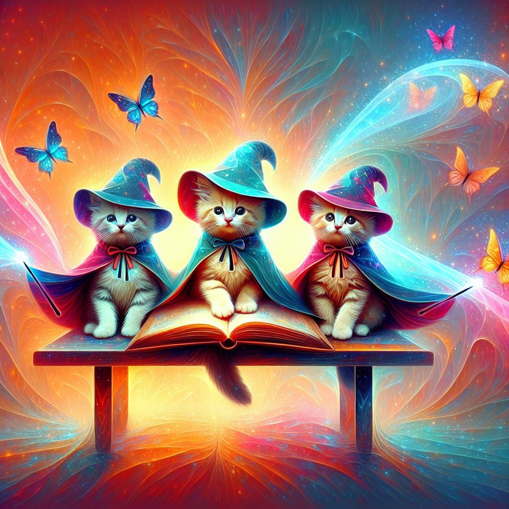 Wizard Kittens Conjure Magic in Abstract Style