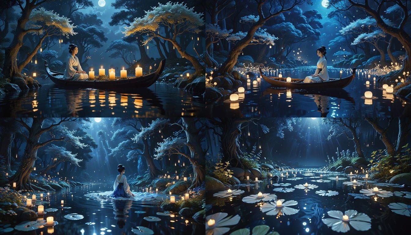 Mystical Bioluminescent River Scene in Ghibli Style