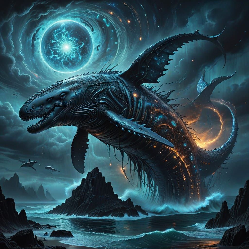 Cosmic Whale Breaches Stormy Sea Under Nebula Sky