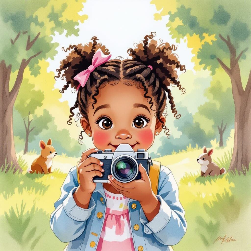 Girl with Camera in Park, Watercolor Style