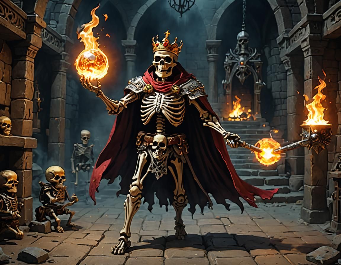 Skeleton King Casts Fireball at Dungeon Adventurers