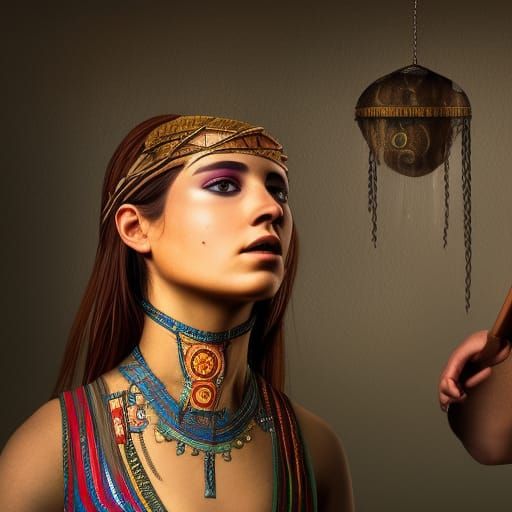 Sumerian Girl Follows Merchant in Hyperrealistic Style