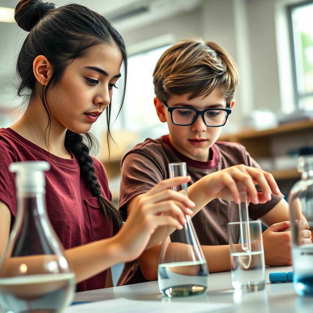 Teenagers Collaborate on Science Project in School Lab