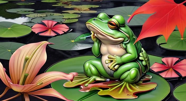 kappa yokai smoking pipe along side of frog on lily pad lilies blooming fall red maple trees primordial swamp