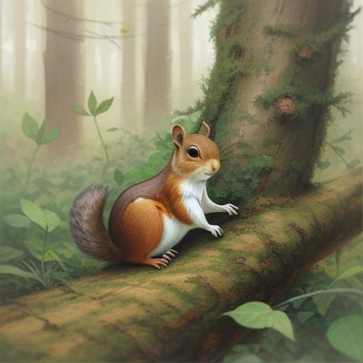 Whimsical Forest Scene with Tiny Squirrel and Pine Nuts in D...
