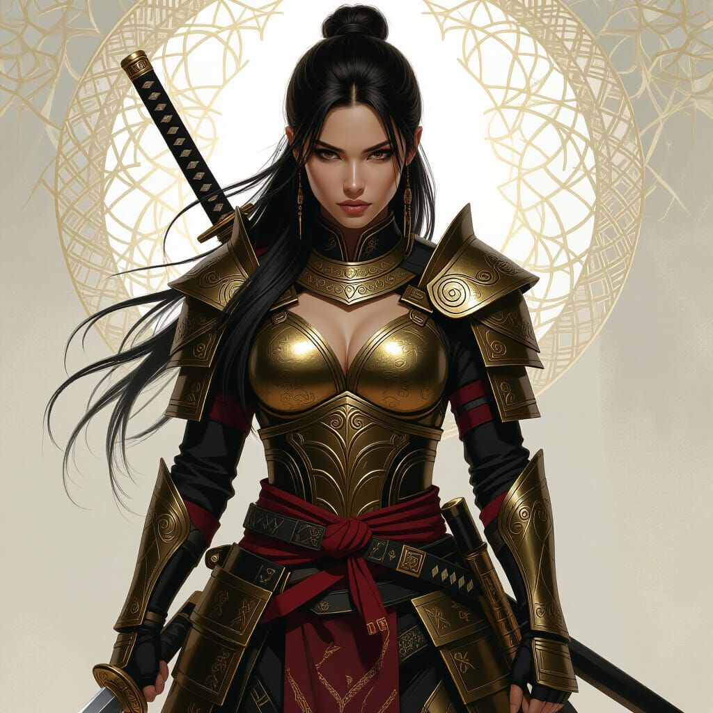Fierce Female Warrior with Katana in Atmospheric Style