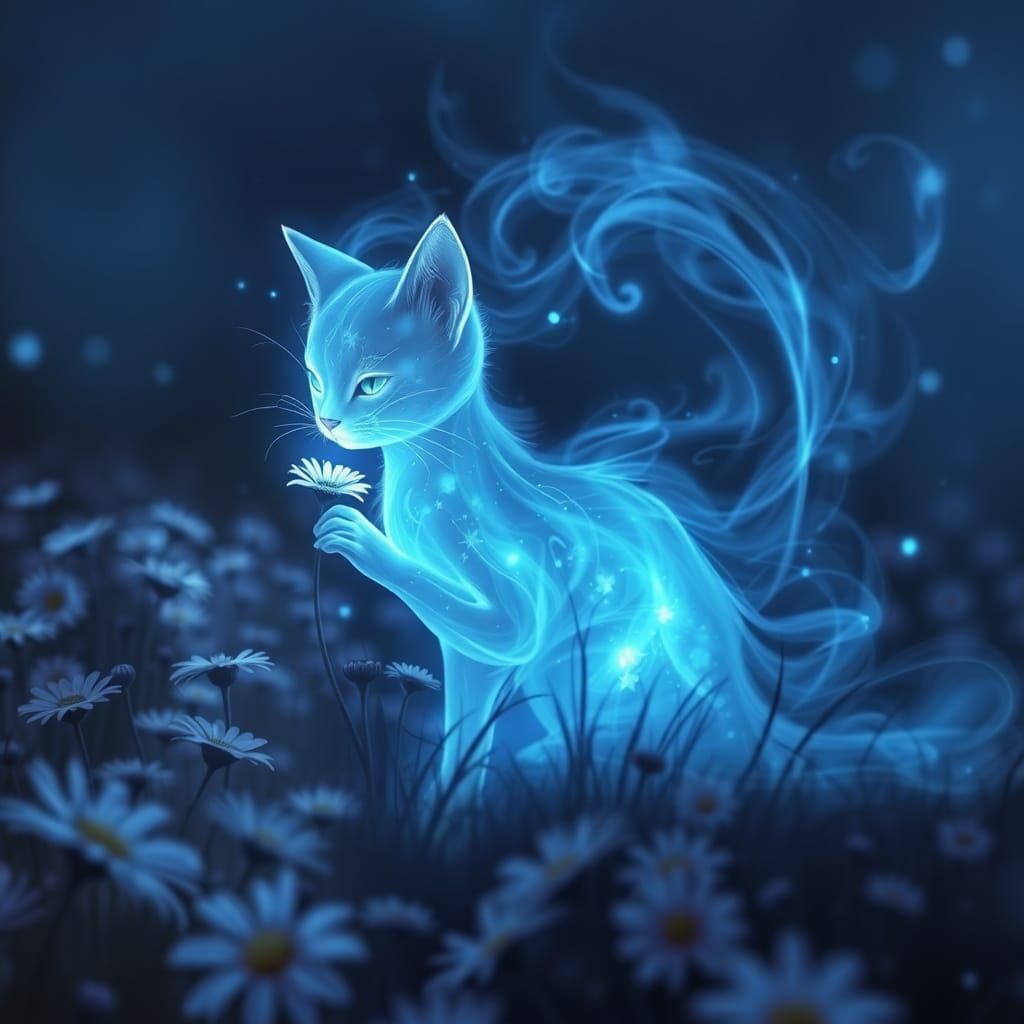 Ethereal Blue Cat with Luminous Daisy
