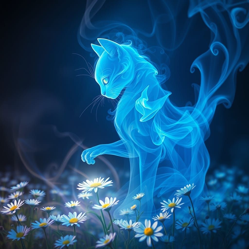 Ethereal Blue Cat in Dreamy Flower Field