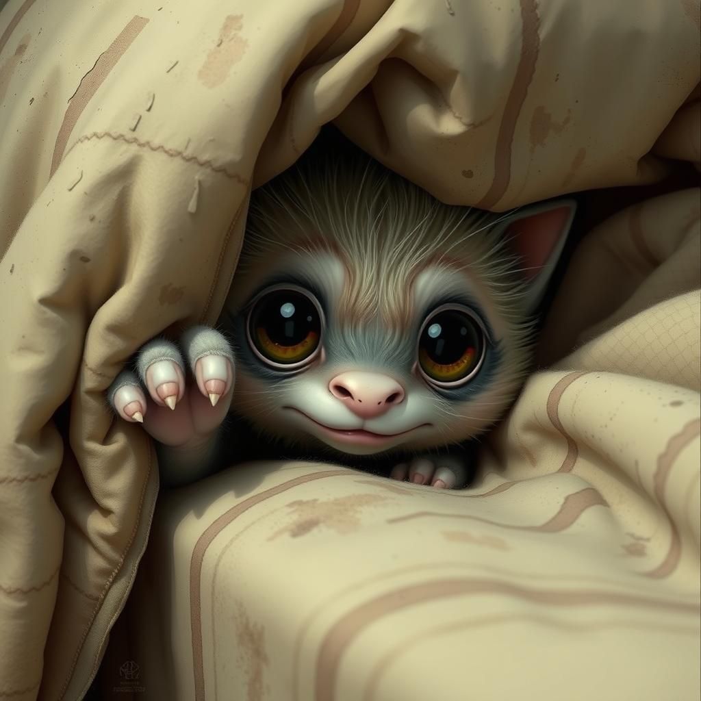 Fuzzy Monster Hides Under Bed in Kawaii Aesthetic