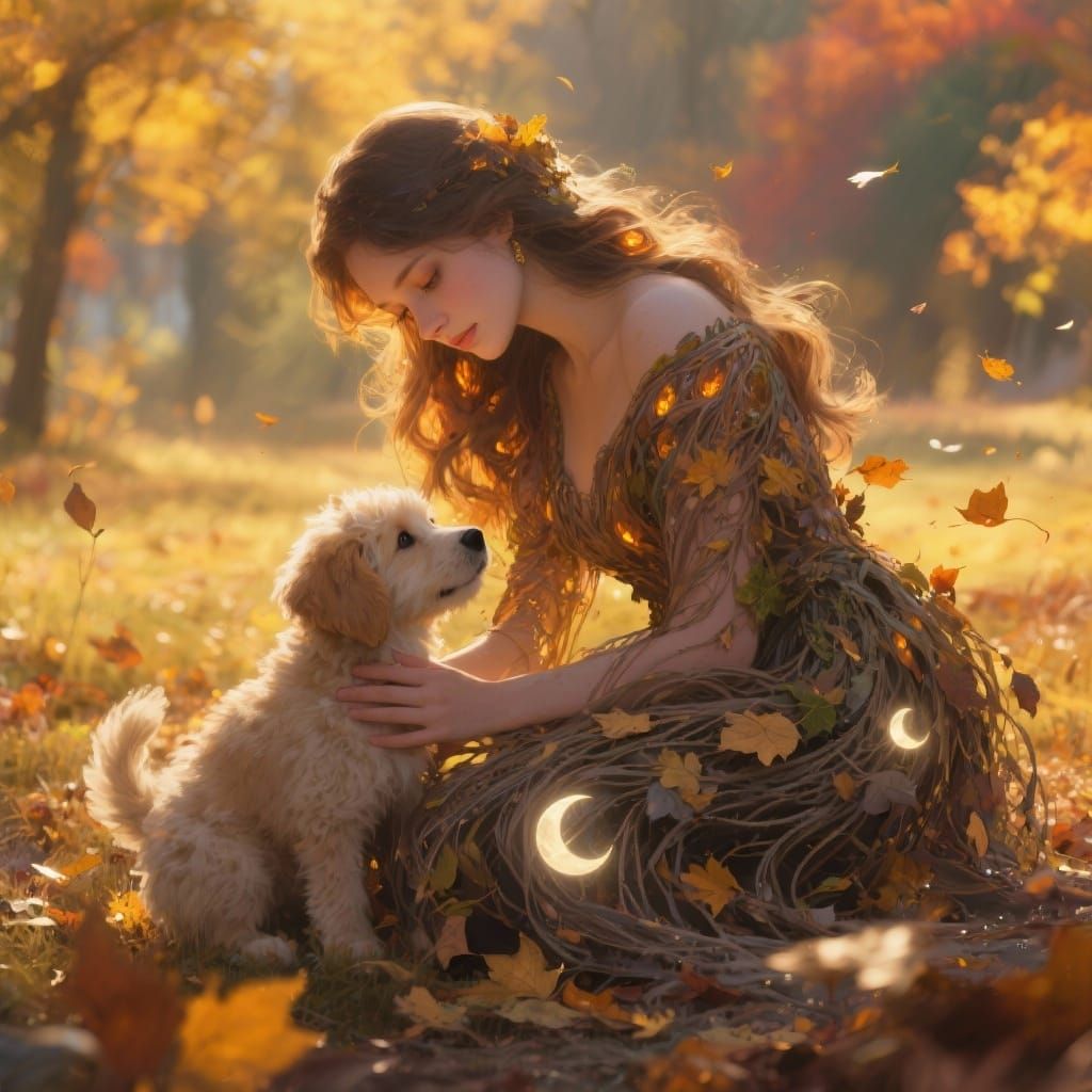 Woman and Puppy in Golden Autumn Light