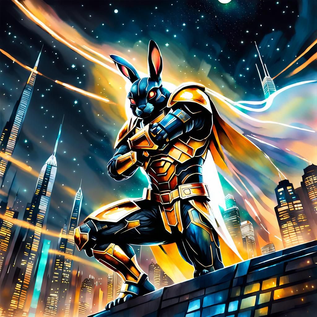 Black Rabbit Mandalorian on Futuristic Cityscape as Watercol...
