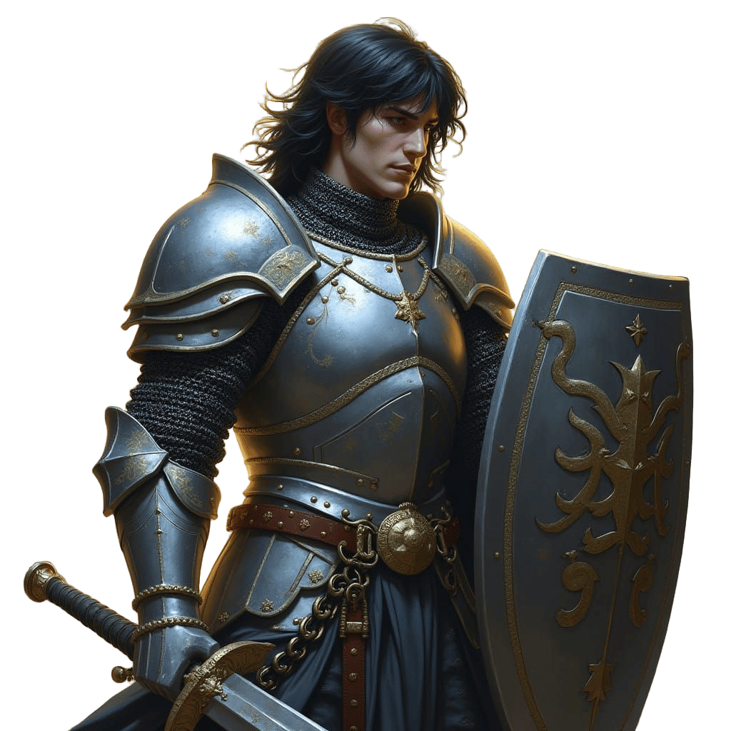 Angel Warrior in Silver Armor Wields Sword and Shield