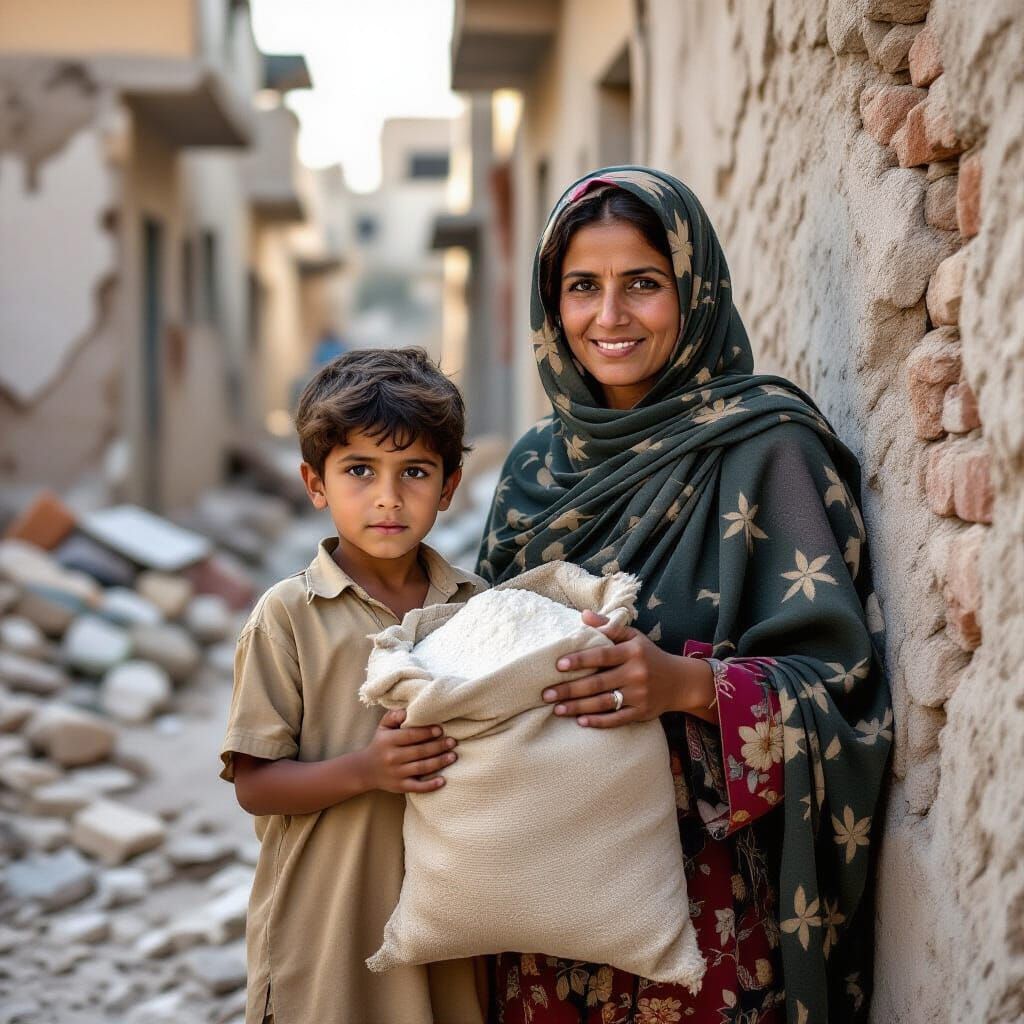 Ameer and Mother in Ruins: Realistic Portrait