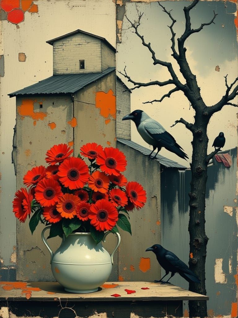 Vibrant Flowers and Urban Scene in Dreamy Impressionistic St...