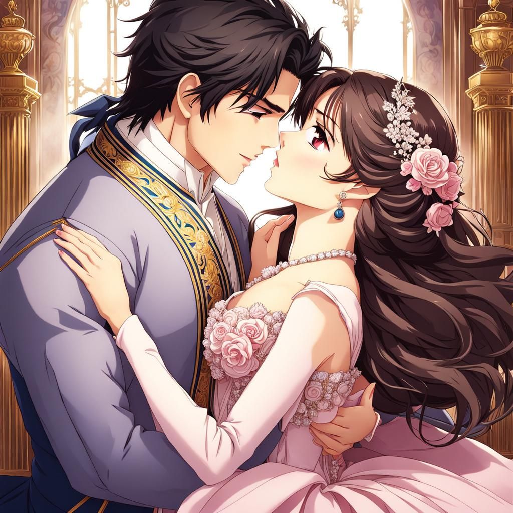 Girl in Ball Gown Kissing Prince, Anime Style