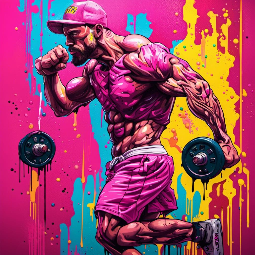 Pink Gym Bro Graffiti Art in Polychromatic Splash Style