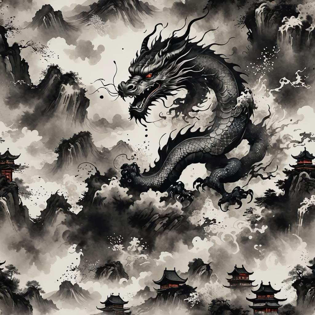 Mythical Dragon Emerges in Chinese Ink Landscape