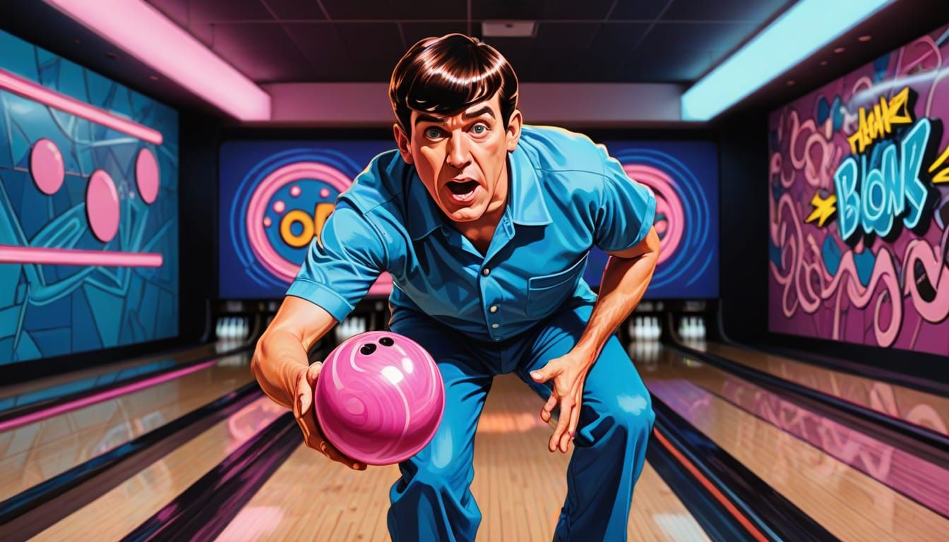 Glowing Pop Art Bowling Scene in Neon Colors