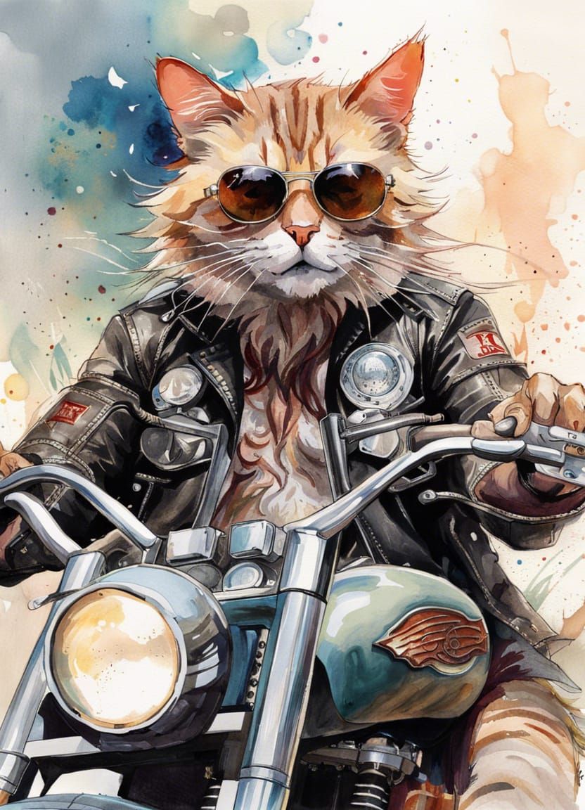 Cat Biker Portrait in Watercolor Manga Style