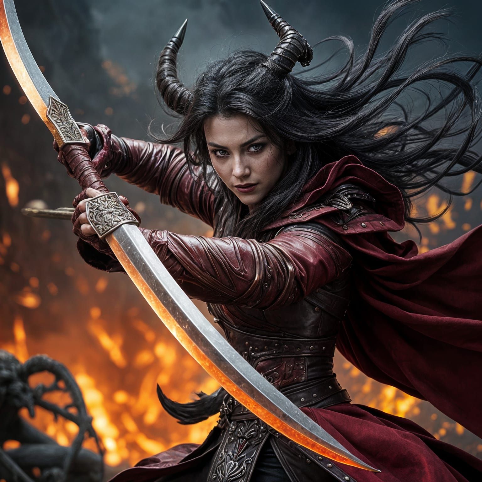 Demon Warrior in Fiery Action Pose with Curved Sword