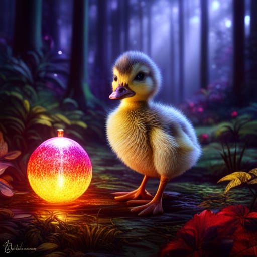 Duckling in Mystical Forest with Sparkling Orb