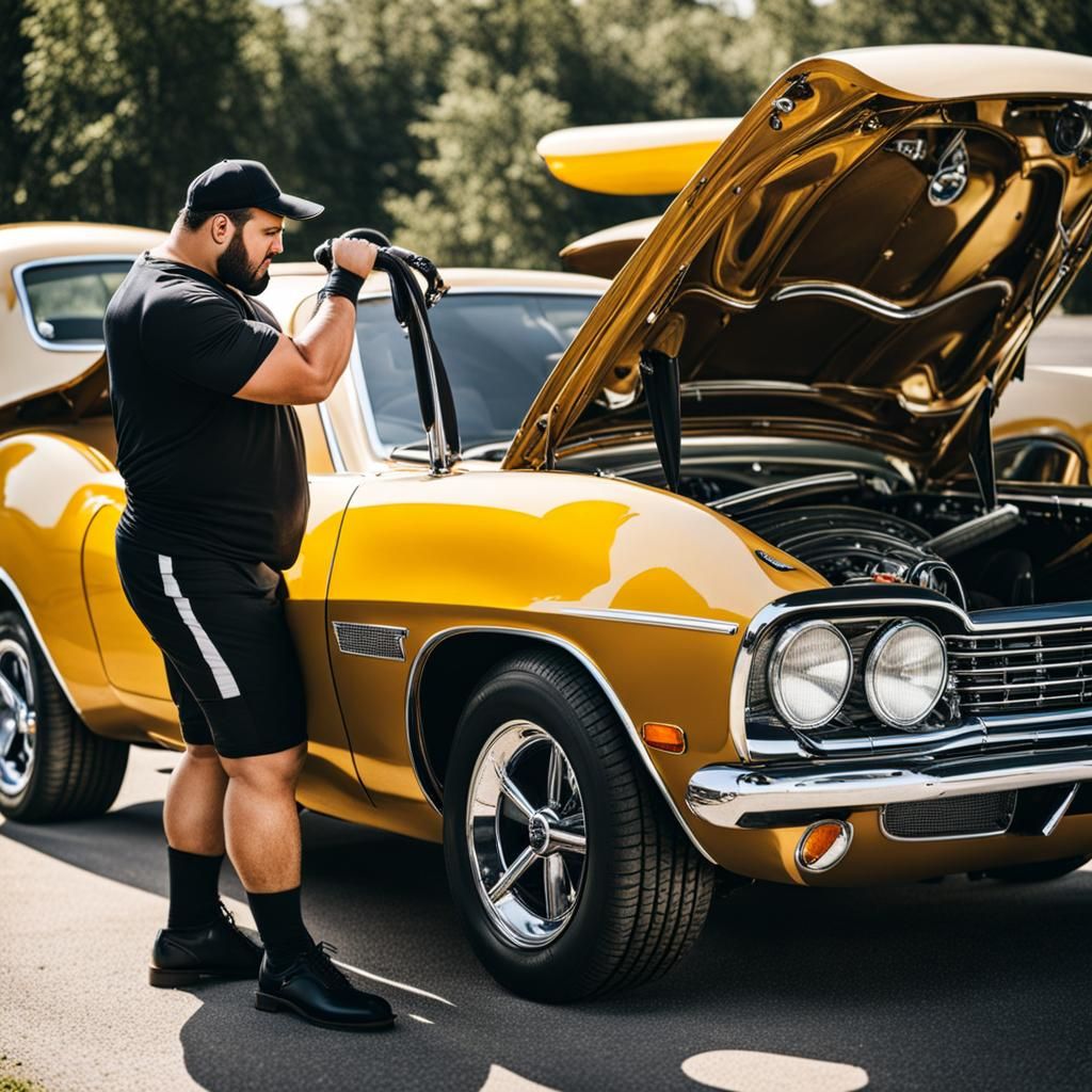 Muscular Chubby Man Fixing Car