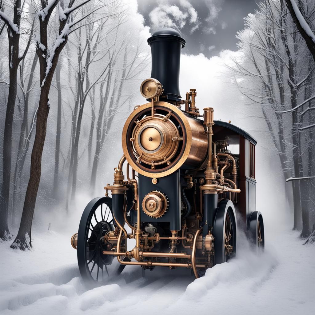 Steampunk Tesla in Winter Scene