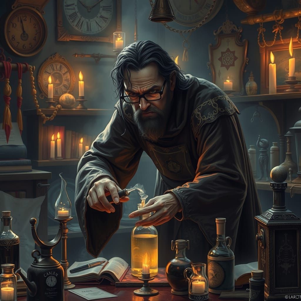 Medieval Alchemist Mixing Glowing Potions in Smoky Lab