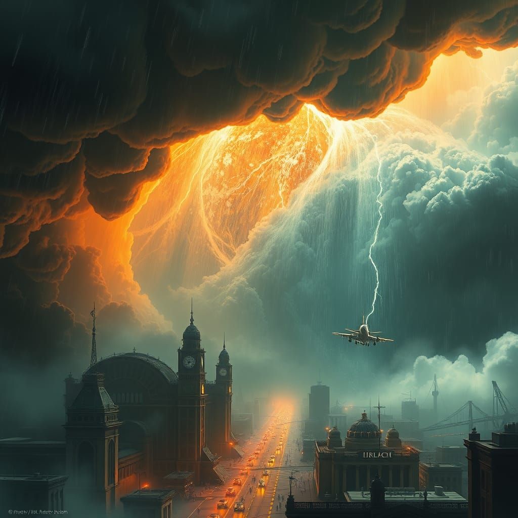 Cataclysmic Storm Unleashed on Cityscape in Art Nouveau Styl...