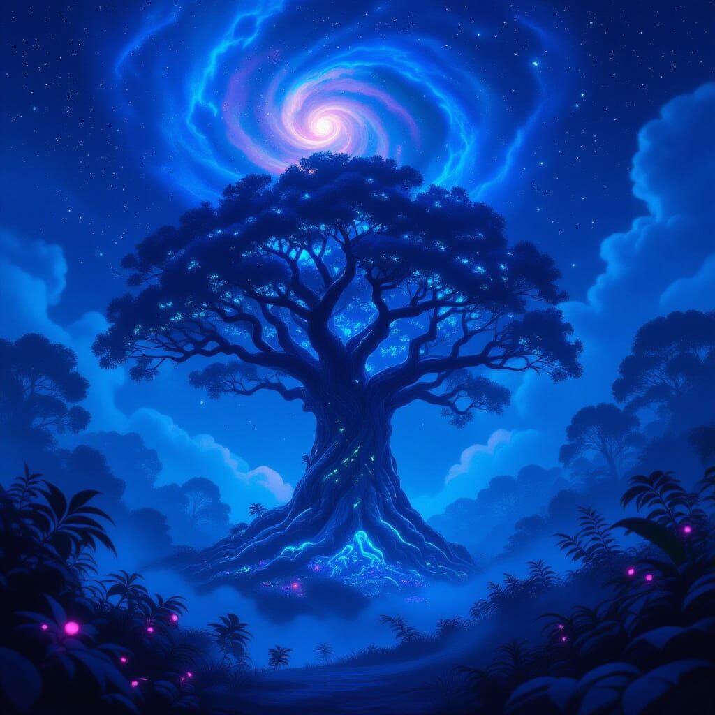 Alien Jungle Tree Under Nebula Sky, Fantasy Concept Art