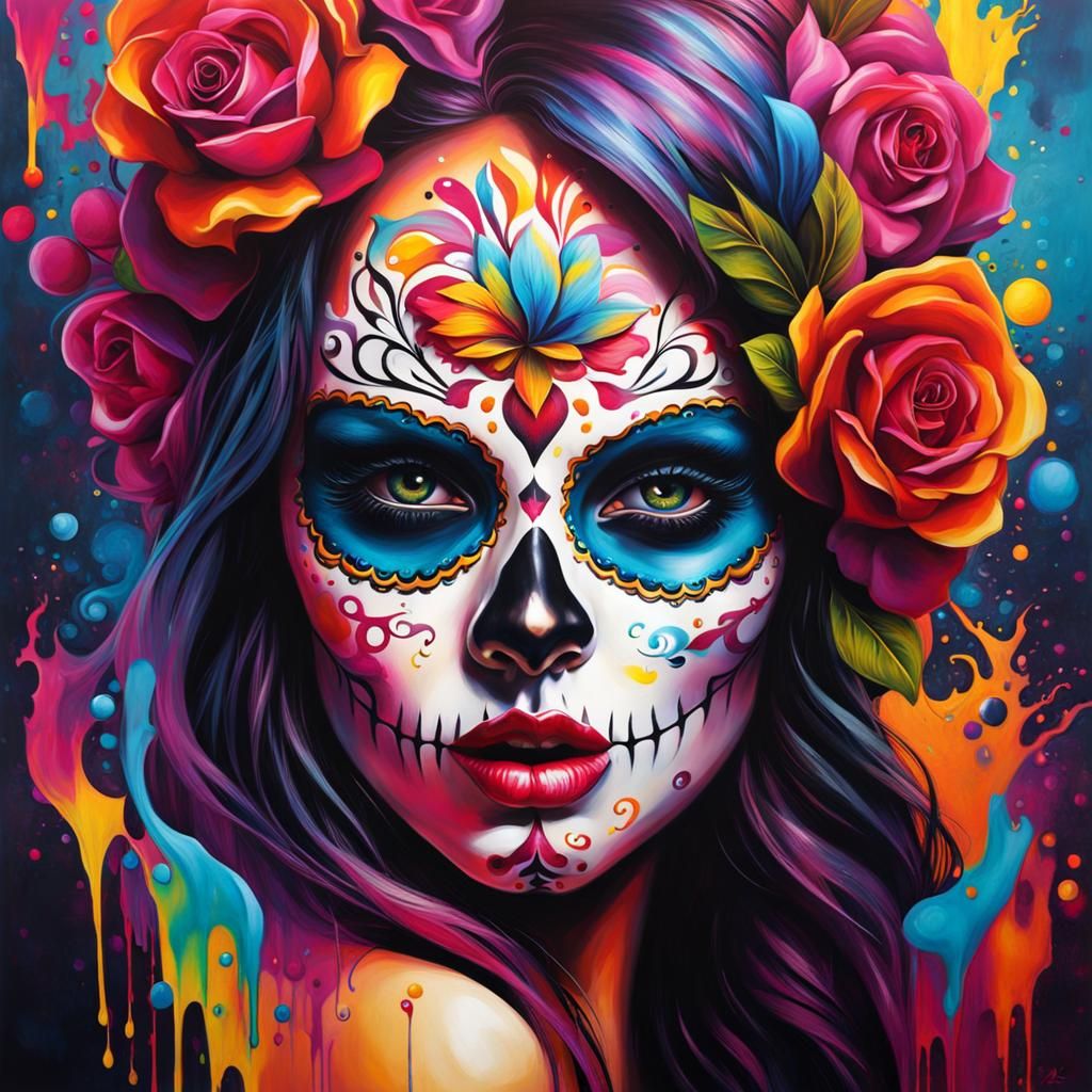 Sugar Skull Face Painting in Graffiti Art Style